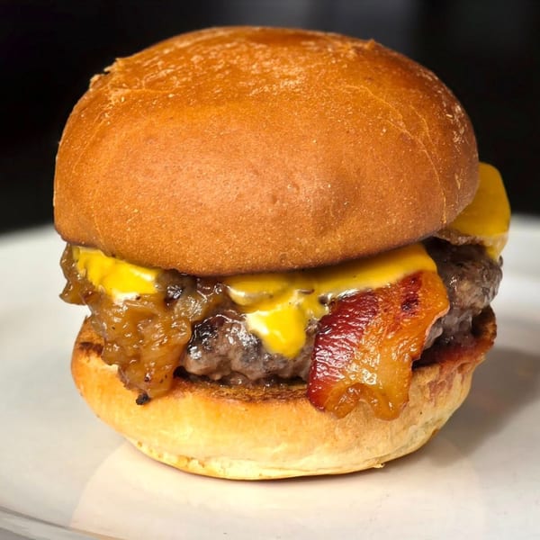 A Label Kitchen + Bar burger with melted cheese, caramelized onions, and bacon on a white plate.