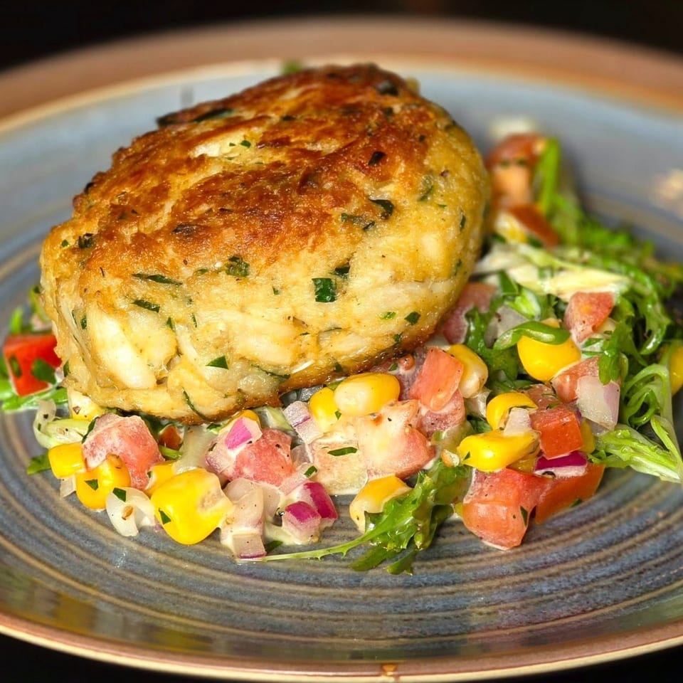 Golden-brown crab cake with corn and tomato salsa on a blue plate at Label Kitchen + Bar.