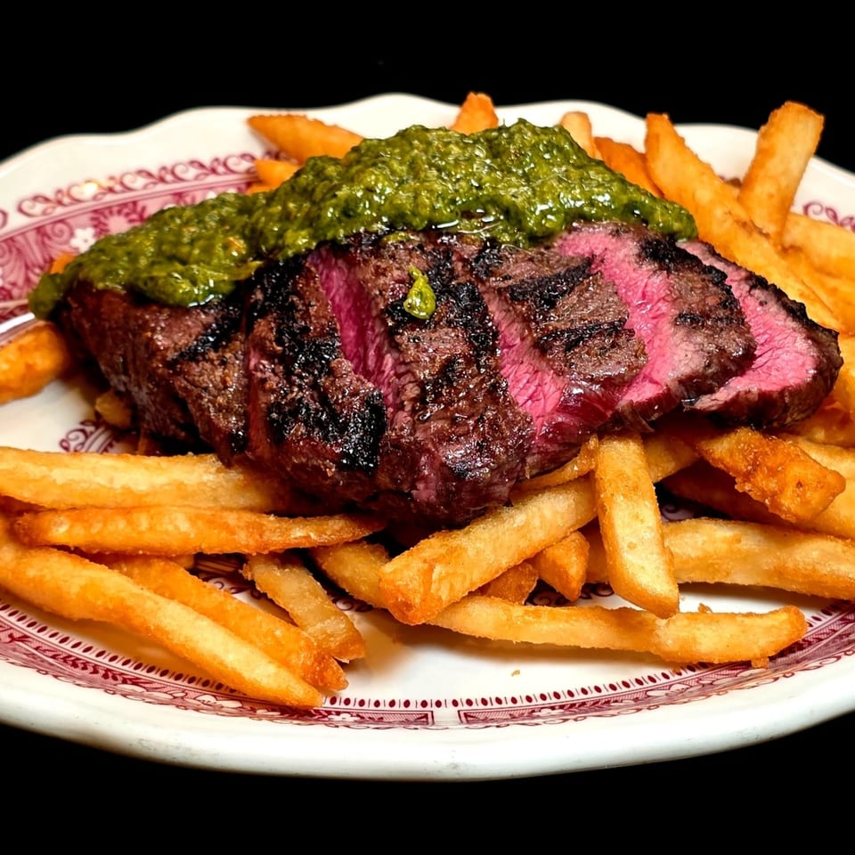 Medium-rare steak with green chimichurri sauce and golden french fries on a white plate.